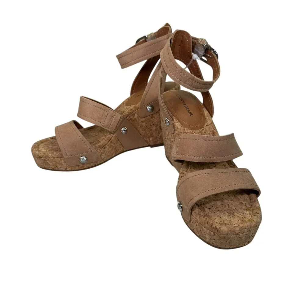 Lucky Brand Tan Leather Cork Wedge Sandals NWT Size 9 Platform Ankle Strap